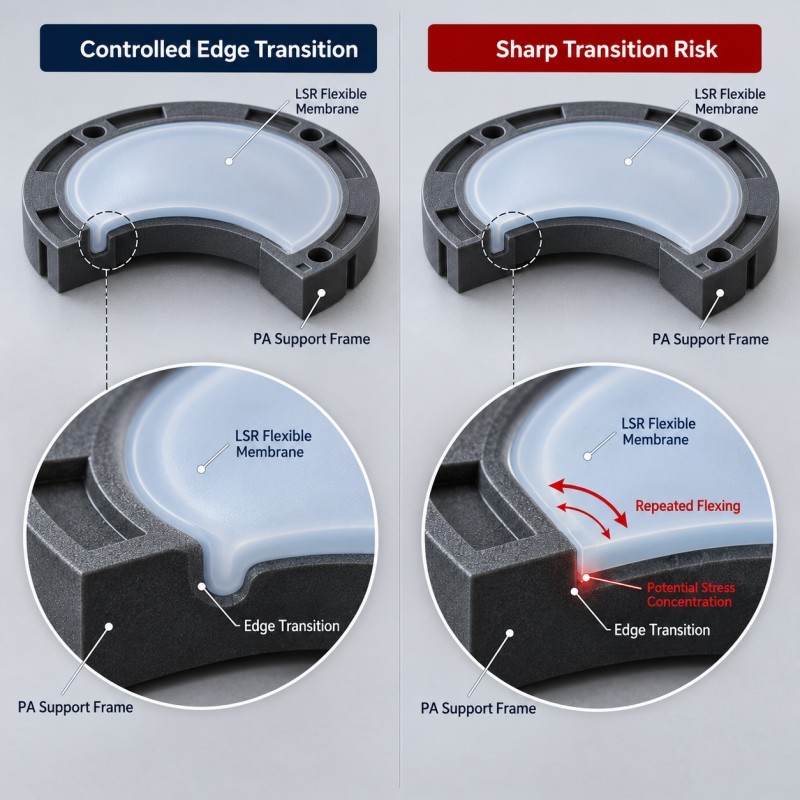PA support ring and LSR pressure membrane edge transition showing controlled flexible support boundary