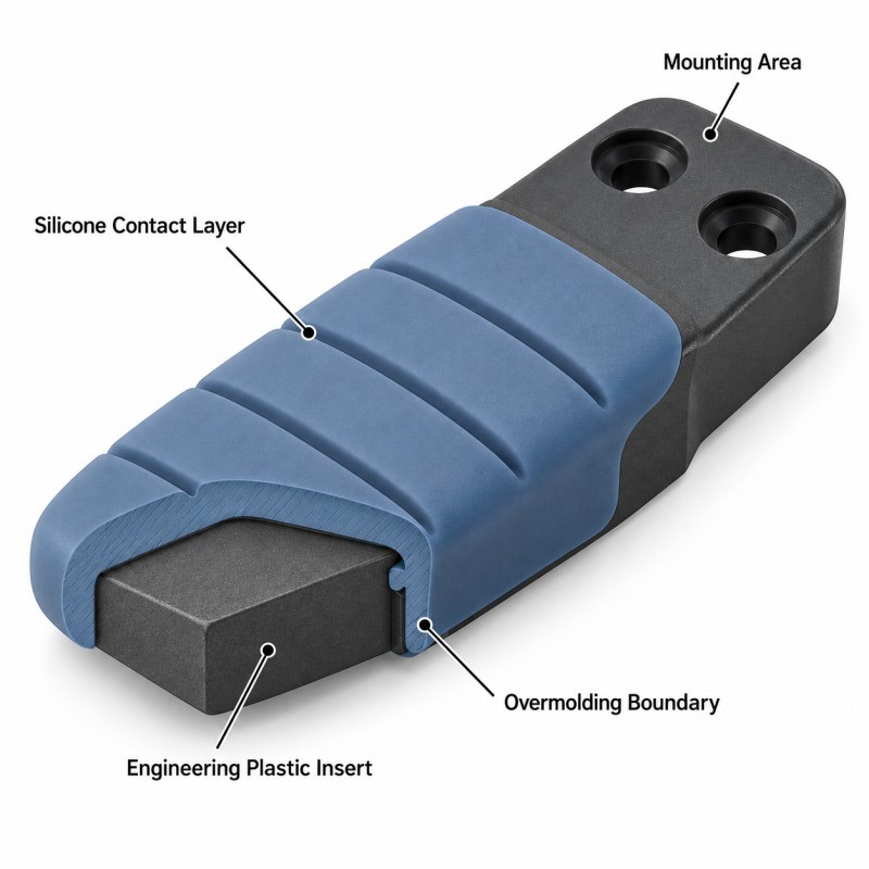 Cross-section of silicone overmolded robotic gripper pad with plastic insert