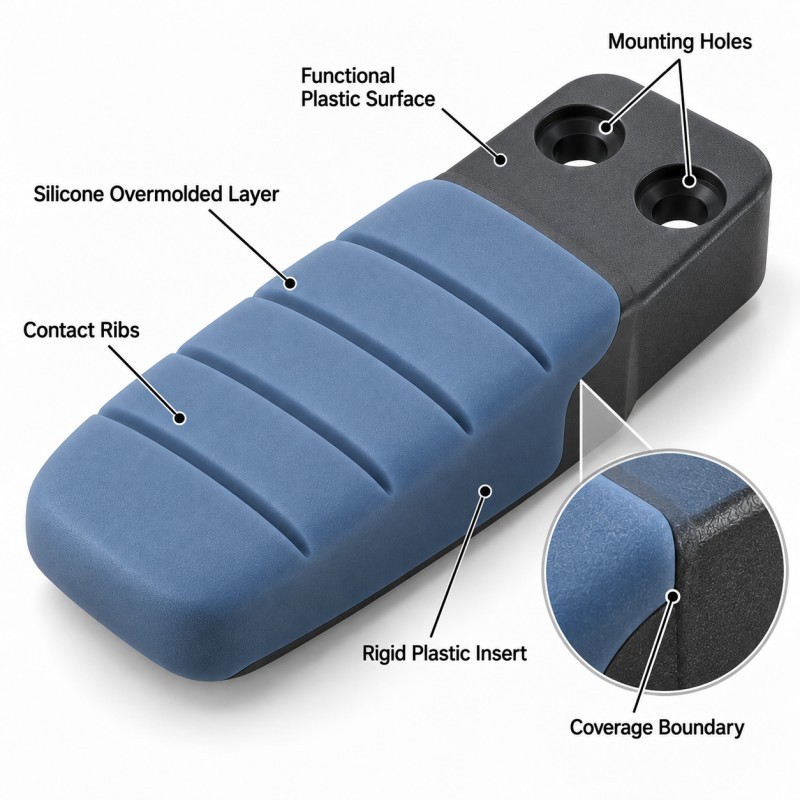 Robotic gripper silicone overmolded finger pad with rigid plastic insert and exposed mounting holes