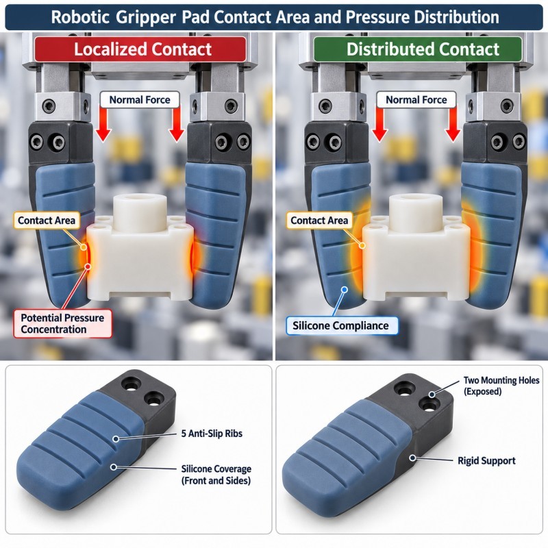 Robotic gripper silicone pad contact area comparison showing concentrated and distributed contact loads