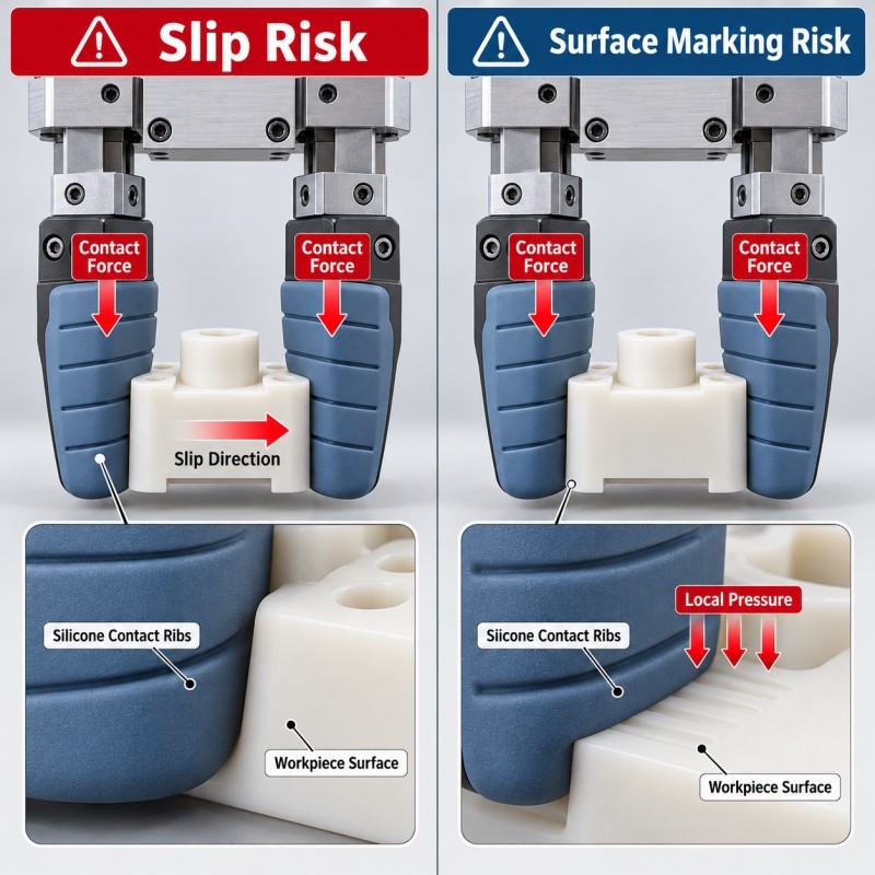 Robotic silicone gripper pad engineering comparison of workpiece slipping and localized contact marking risks