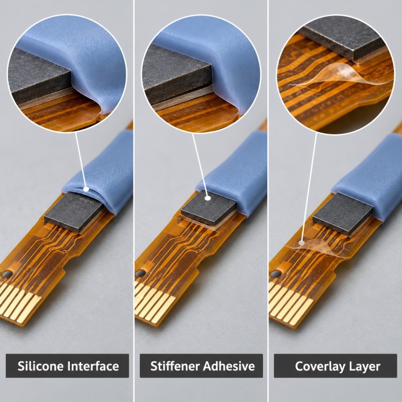 Flexible circuit stack-up showing FPC stiffener adhesive and localized LSR silicone overmolding