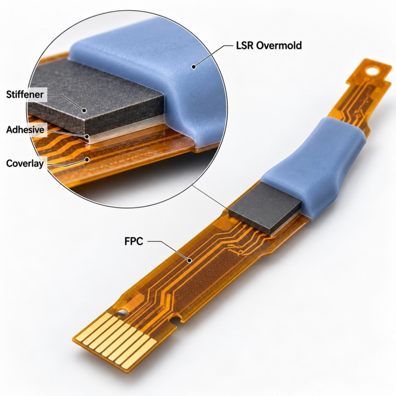 Three manufacturing sequence options for bonded FPC stiffeners and localized LSR overmolding