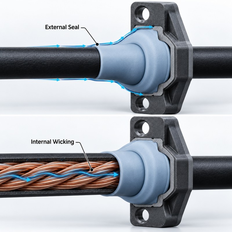 Cross-section comparing external LSR cable sealing and longitudinal water wicking through stranded conductors