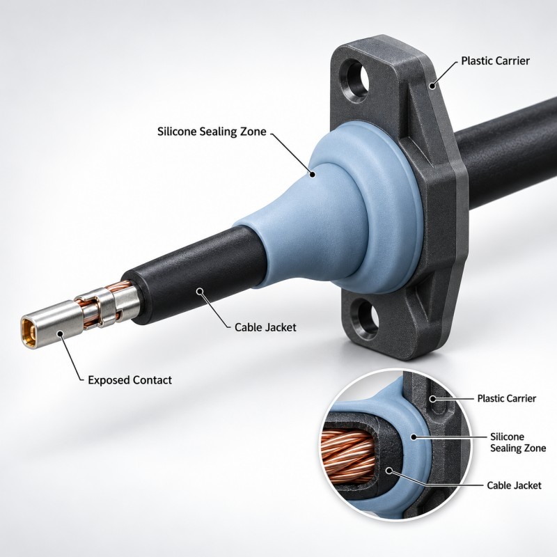 LSR overmolded cable feedthrough showing cable jacket plastic carrier sealing regions and exposed connector contacts