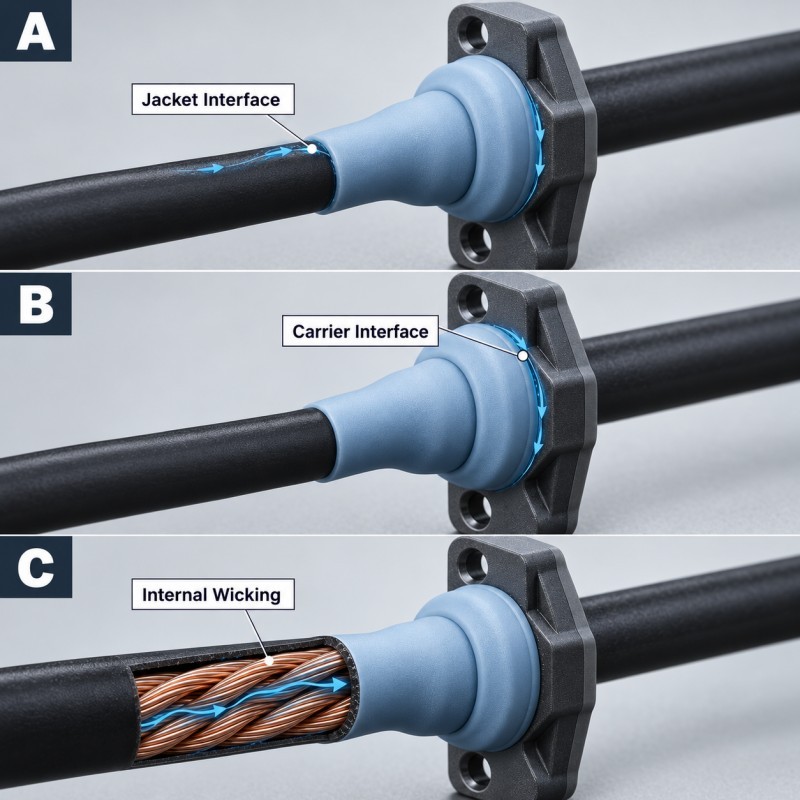 Engineering comparison of external overmold seal leakage carrier interface leakage and internal stranded conductor wicking