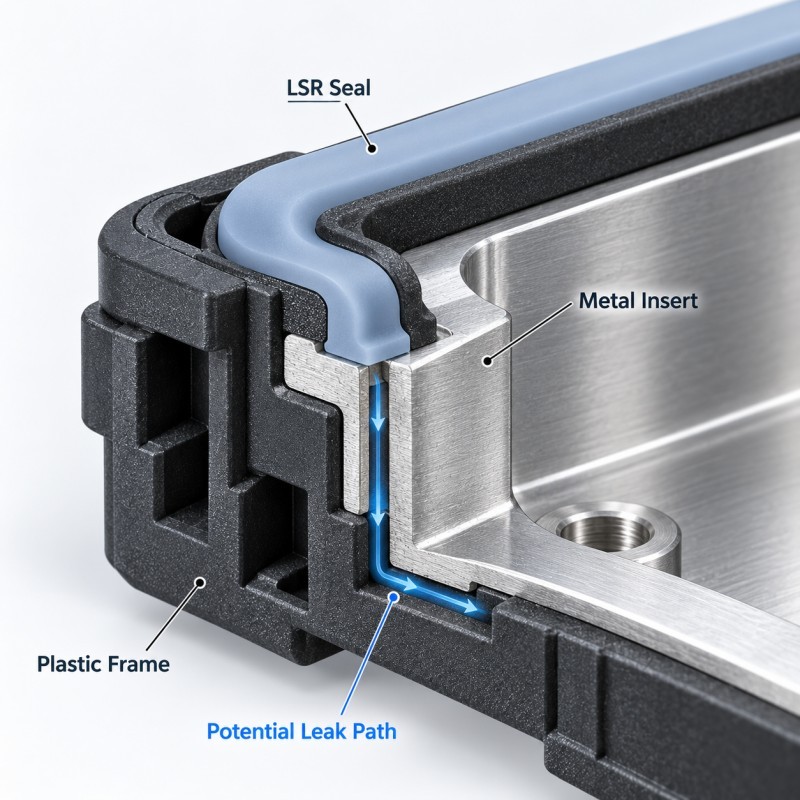 Cross-section of an LSR overmolded plastic metal housing showing a possible hidden leak path at the rigid material interface