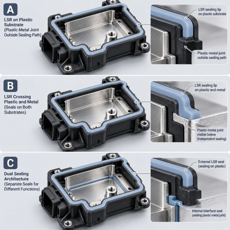 Comparison of three LSR sealing architectures for hybrid plastic metal housings