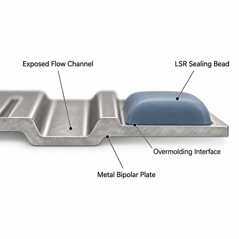 Engineering cross-section of LSR sealing bead overmolded on metallic bipolar plate