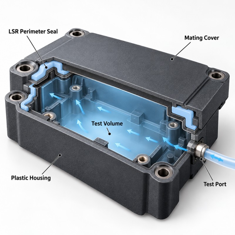 LSR overmolded plastic electronic housing showing integrated silicone perimeter seal and pressure decay test boundary
