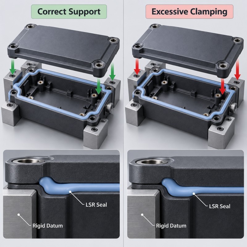 Engineering comparison of rigid housing fixture support correct silicone compression and excessive clamping during leak testing