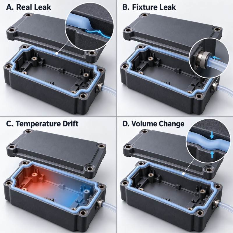Technical comparison of real seal leakage fixture leakage temperature drift and silicone deformation in pressure decay testing