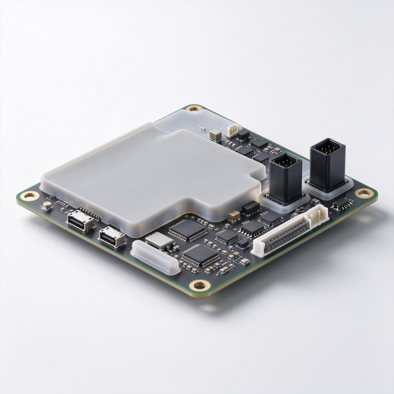 PCB assembly support concept showing stable board datums and supported areas for LSR overmolding