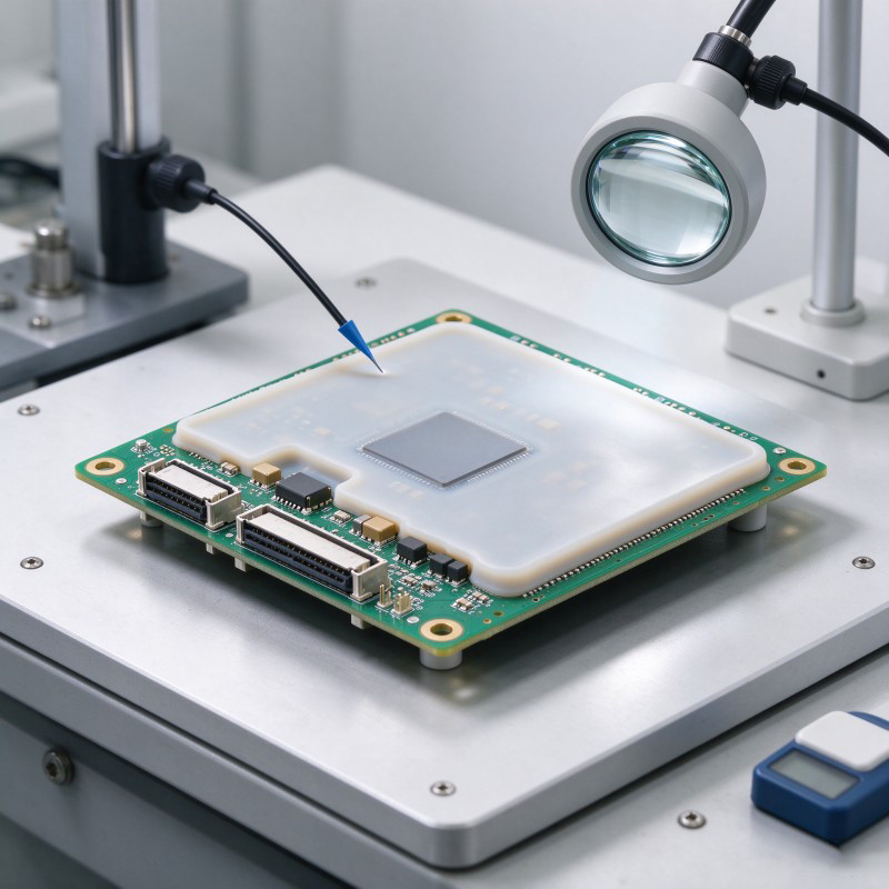 Inspection of an LSR-overmolded PCB assembly for silicone coverage, component clearance and visible damage