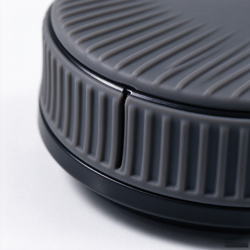 Close-up concept of silicone grip ribs on a rigid plastic control knob core with a defined coverage boundary