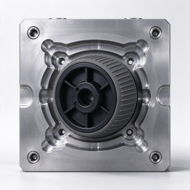 Engineering concept showing mold review for silicone texture, plastic insert positioning and coverage boundaries on a control knob