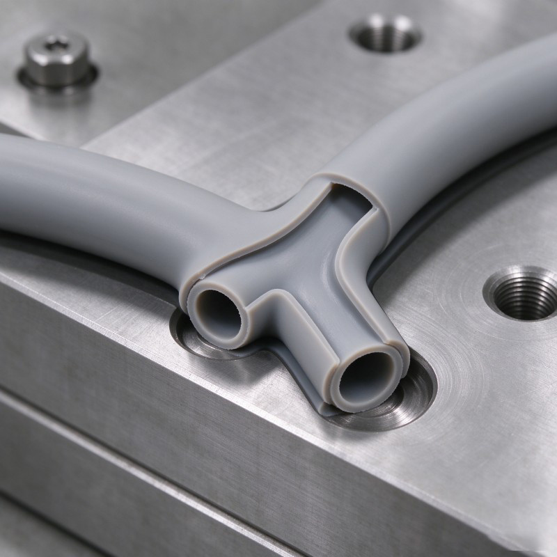 Silicone tubing Y-connector concept showing open internal fluid paths through the branch junction