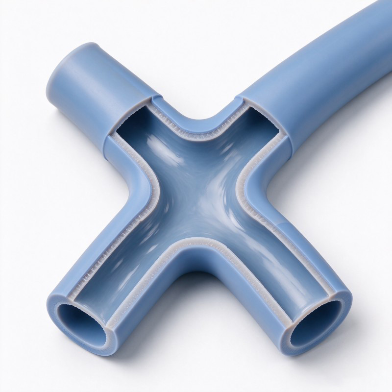 LSR overmolding concept illustrating tube positioning and the external junction coverage boundary