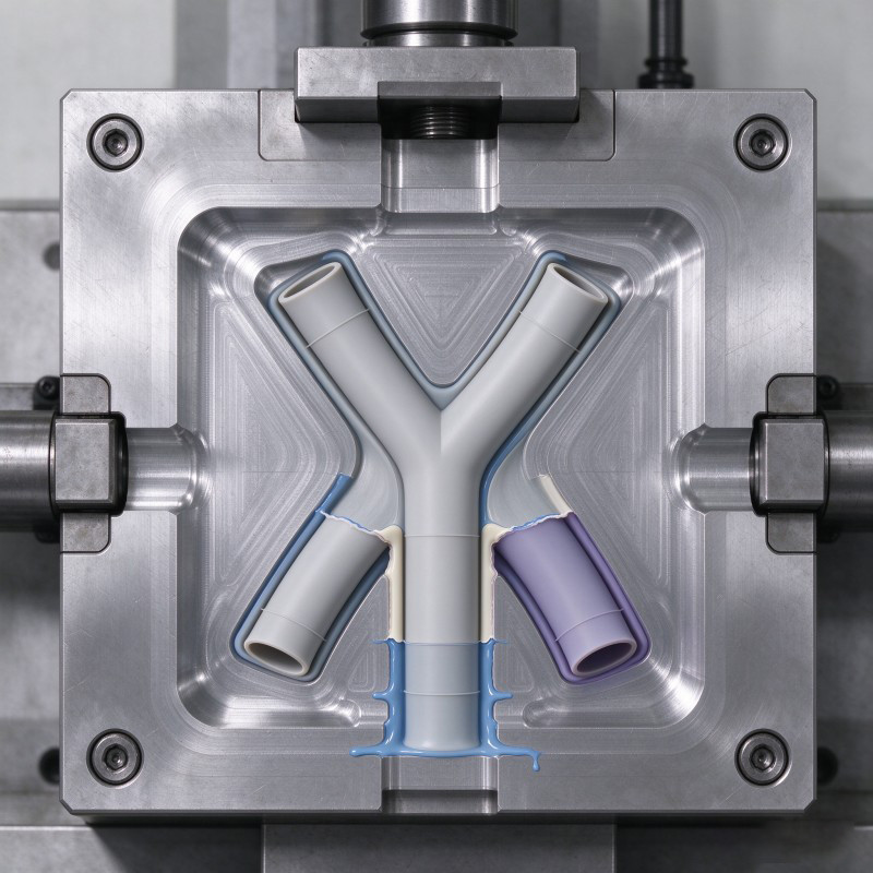 Mold design concept for positioning silicone tubes during LSR Y-connector overmolding