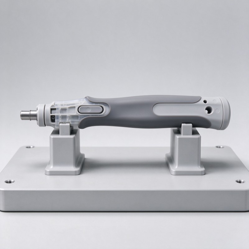 Rigid plastic surgical handle core with shaft interface, button openings and assembly locating features