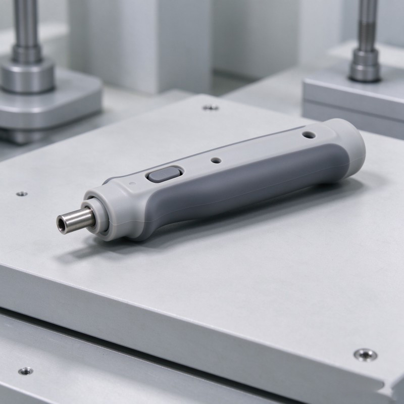 Inspection fixture checking exposed shaft and assembly features on an LSR overmolded surgical instrument handle