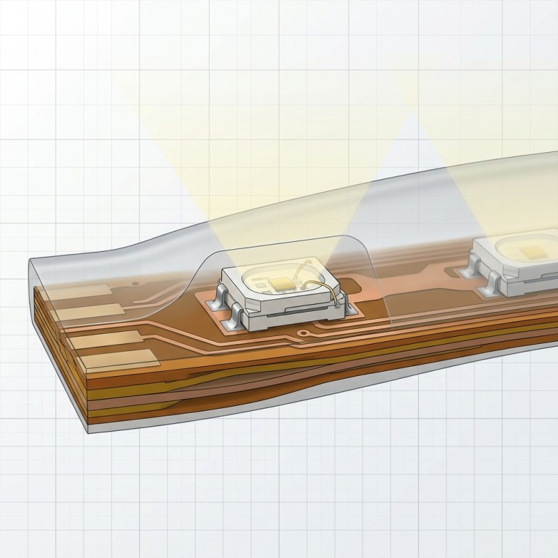 Cross-sectional concept showing an LED light path through a silicone overmolded FPC strip