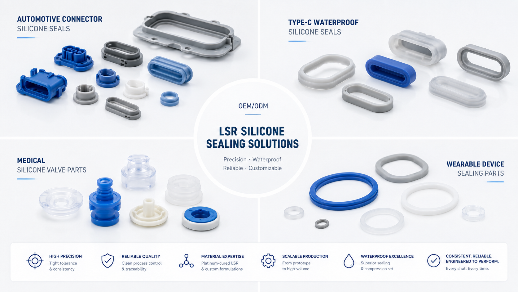 Custom LSR injection molded parts for automotive electronics medical and wearable devices