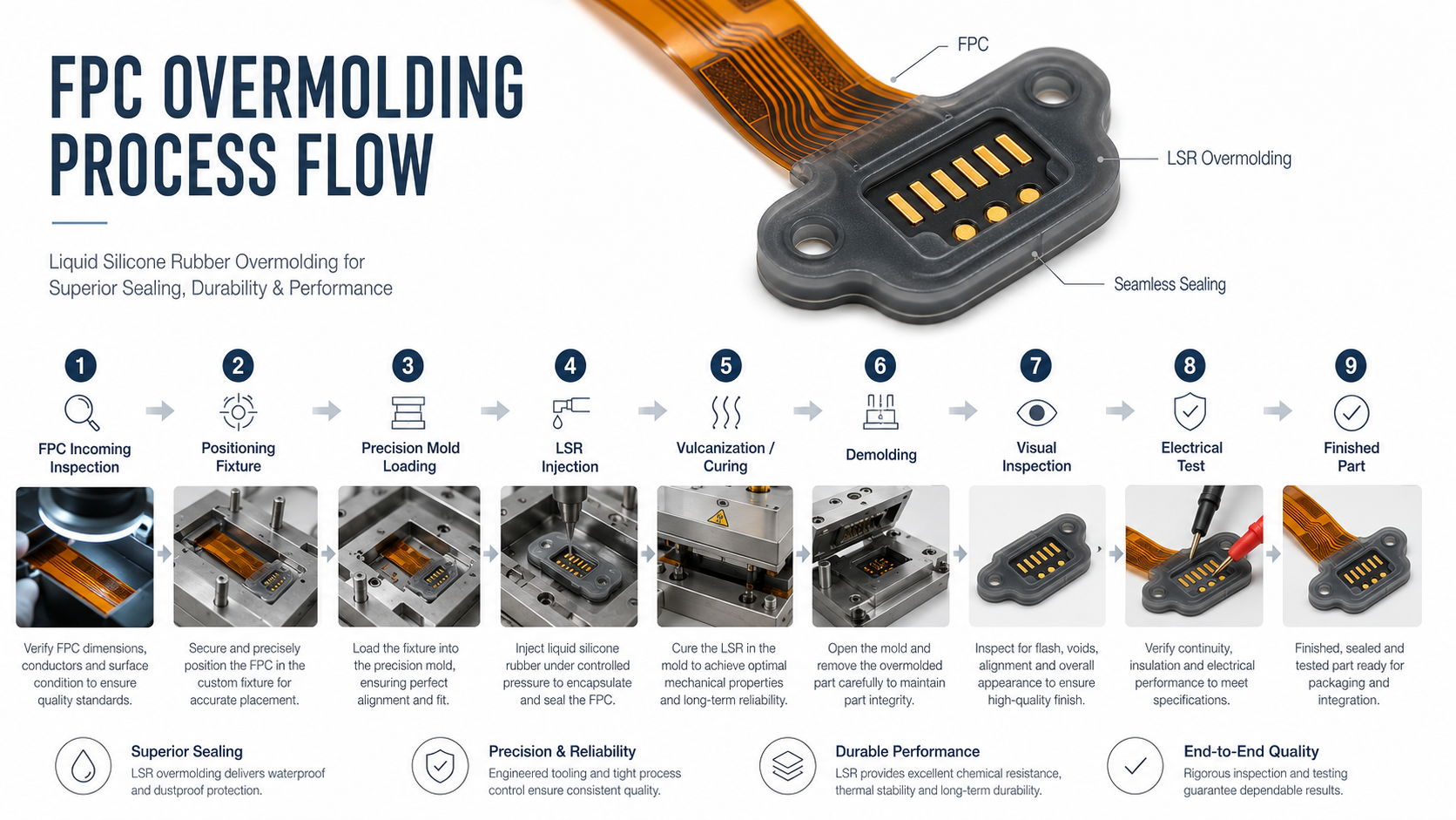 FPC silicone overmolding process flow from insert positioning to finished parts