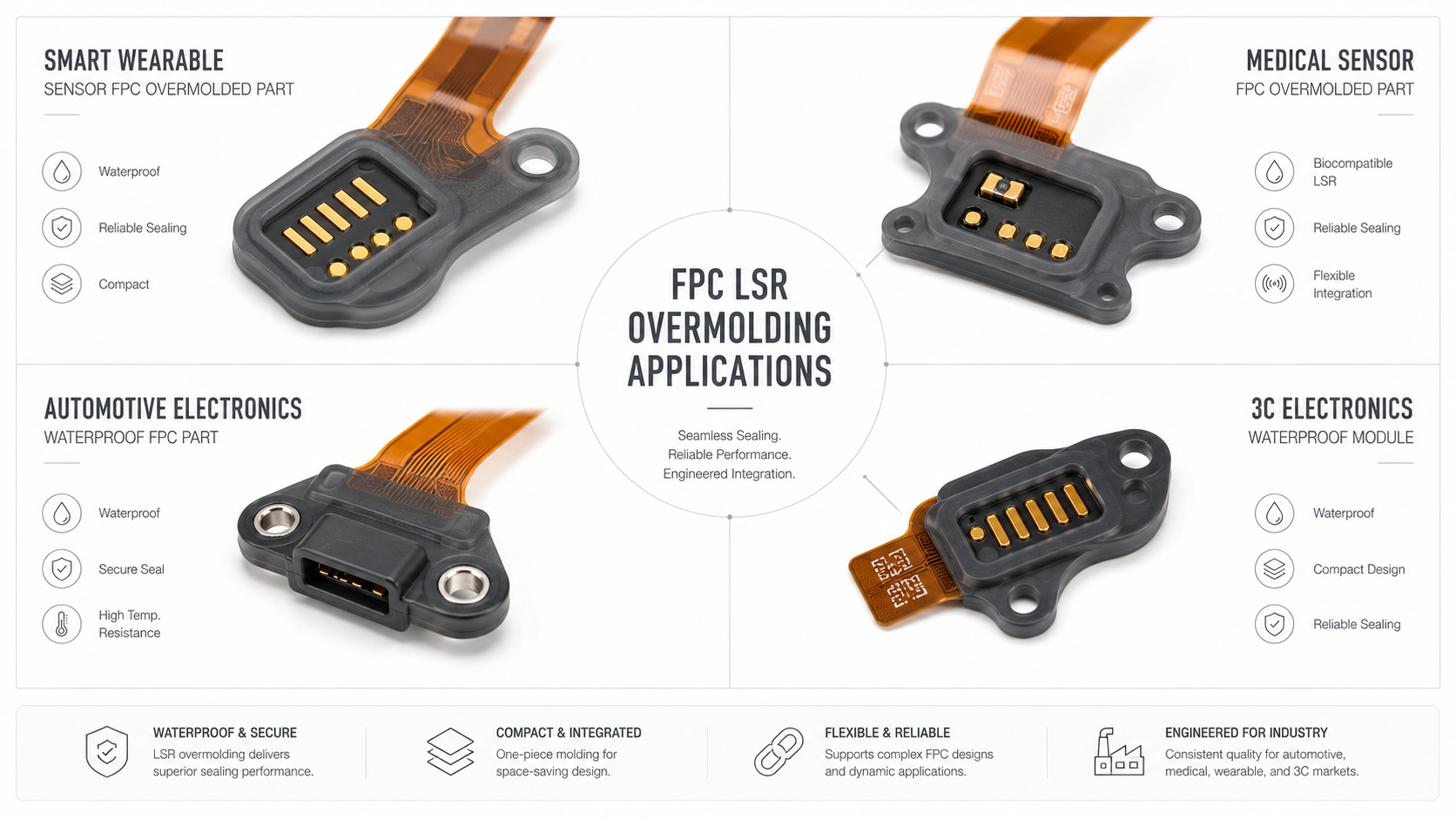 FPC silicone overmolded parts for wearable medical automotive and electronic devices