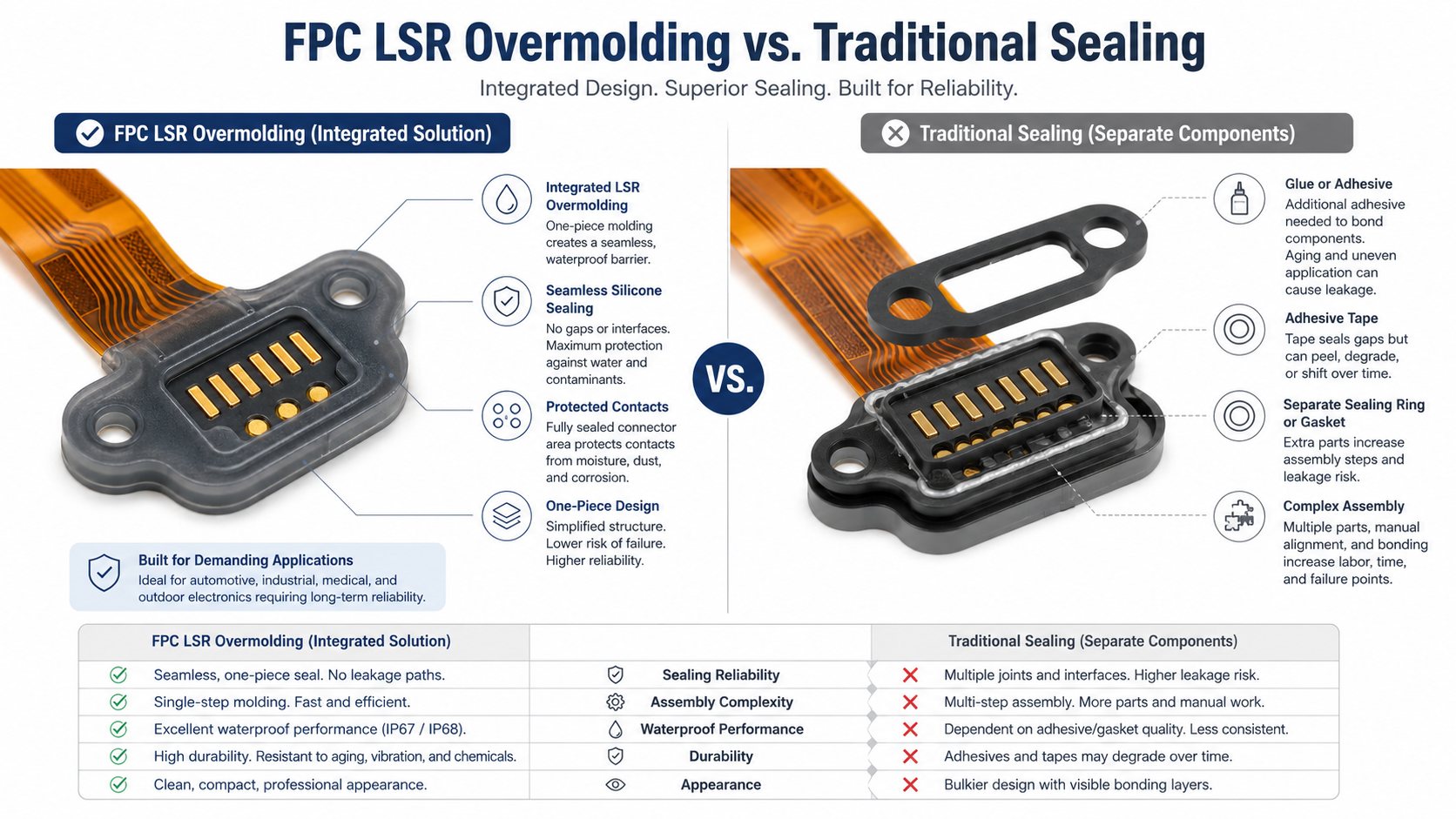 Comparison of FPC silicone overmolding and traditional sealing methods