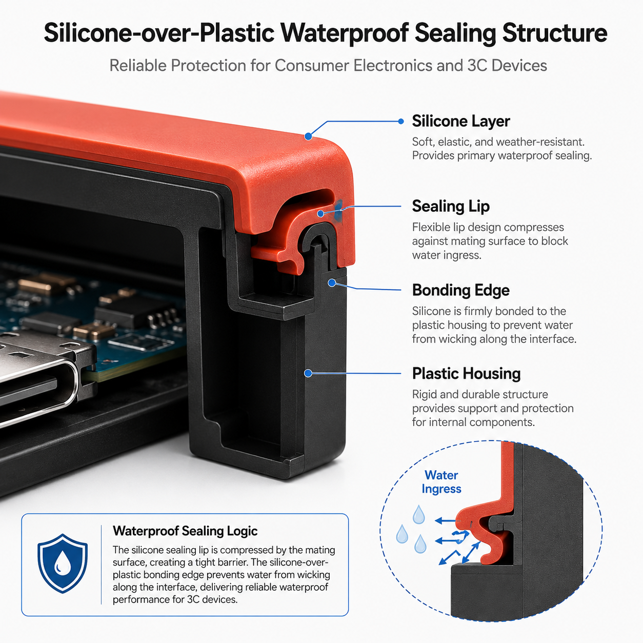Silicone over plastic sealing lip design