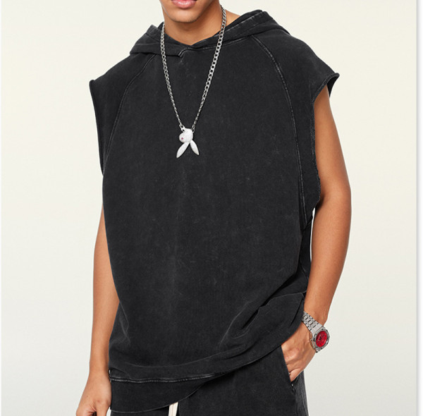 Custom sleeveless hoodie | 380GSM heavy cotton with acid washed sleeveless men hoodies