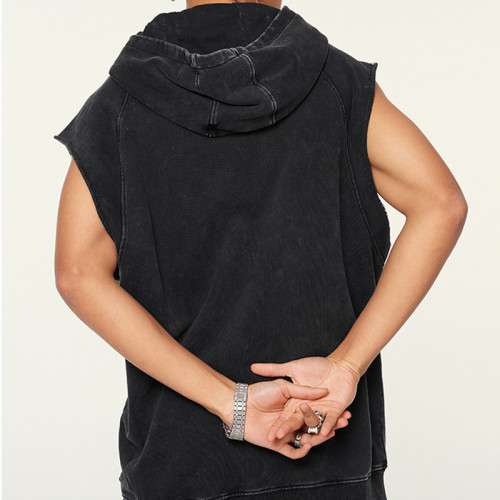 Custom sleeveless hoodie | 380GSM heavy cotton with acid washed sleeveless men hoodies