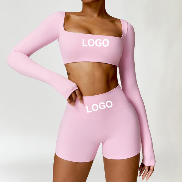 Custom Two Pieces Bra Sets | Plain Custom Printing High Waist Speed Dry Women's Long-Sleeved T-Shirt Two Pieces Bra Sets Bra Yoga Workout Shorts