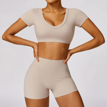 Custom High Waist Yoga Shorts | Wholesale Solid Color Custom Printed Women's T-Shirt Yoga Set