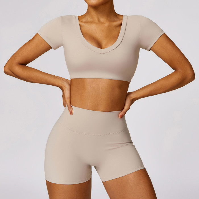 Custom High Waist Yoga Shorts | Wholesale Solid Color Custom Printed Women's T-Shirt Yoga Set