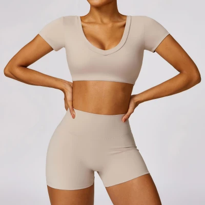 Custom High Waist Yoga Shorts | Wholesale Solid Color Custom Printed Women's T-Shirt Yoga Set