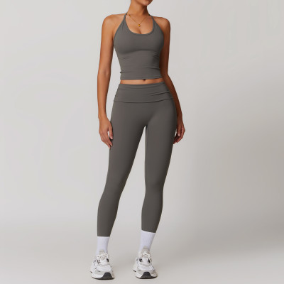 Custom sportswear for women | Womens Summer 2 Piece Outfits Linen Crop Tank Tops Leggings Yoga