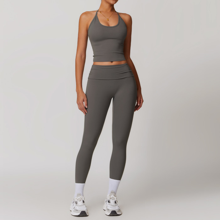 Custom sportswear for women | Womens Summer 2 Piece Outfits Linen Crop Tank Tops Leggings Yoga
