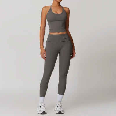 Custom sportswear for women | Womens Summer 2 Piece Outfits Linen Crop Tank Tops Leggings Yoga