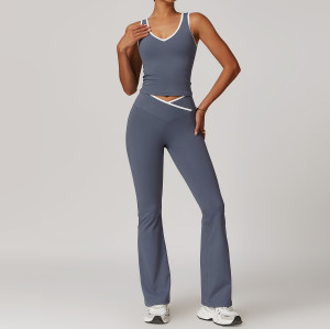 Customized Yoga Flared Pants Set | Factory Wholesale Spliced ​​Women's Summer Flared Pants Set