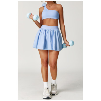 Custom one-shoulder yoga set | Factory direct yoga bra and skirt set with three-dimensional corsage