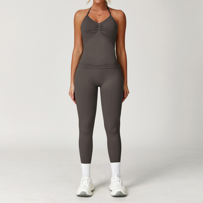 Custom Seamless Yoga Set | Women's Halter Seamless Fitness Yoga Set Factory Moisture Wicking