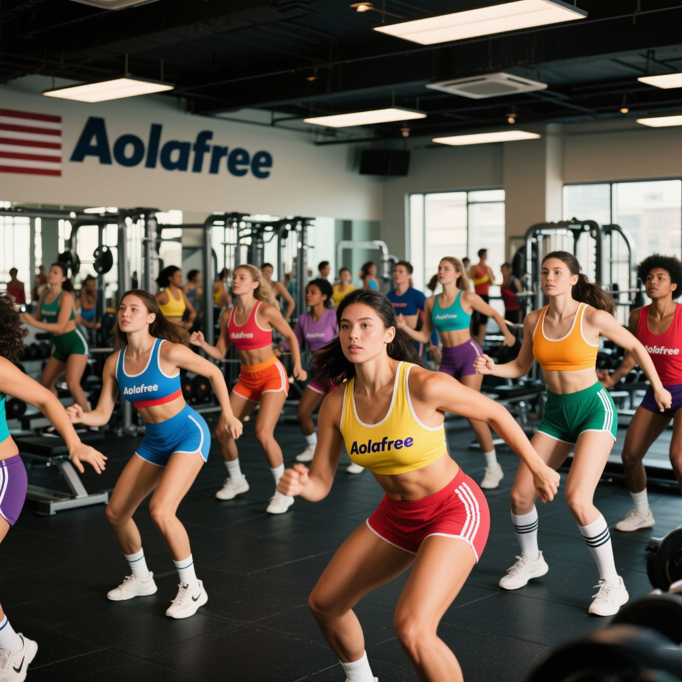 Diverse fitness enthusiasts wearing Aolafree-branded activewear in a modern gym