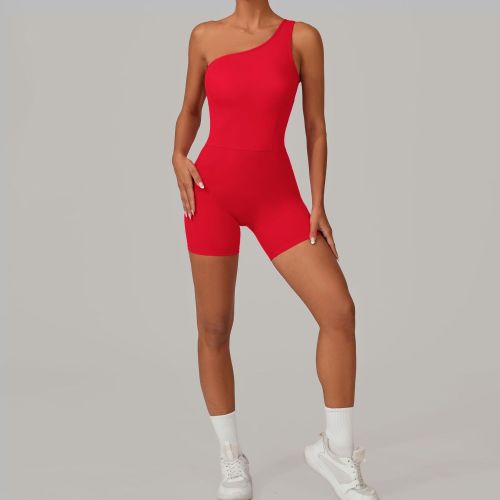Custom one shoulder jumpsuit|Wholesale hip lift fitness jumpsuit outdoor running custom fabric logo