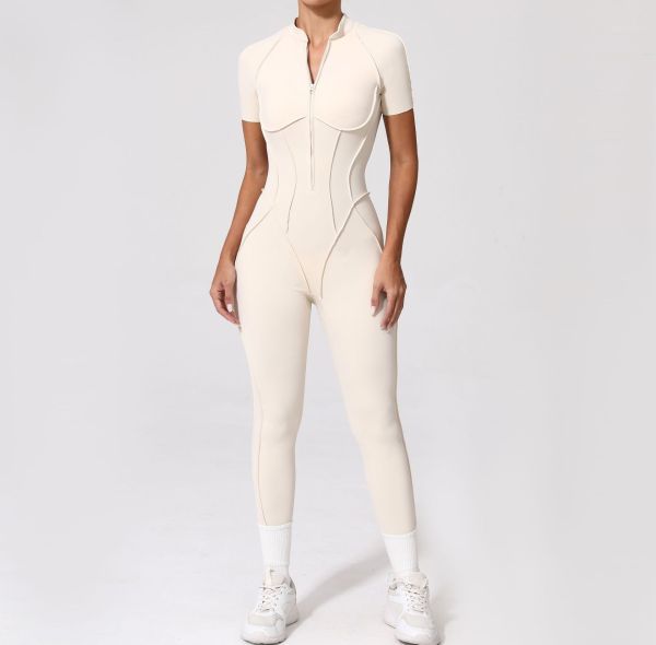 Custom yoga jumpsuit | Custom 3D zipper short sleeve factory sports private label custom fabric