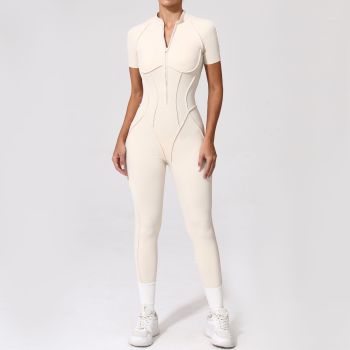 Custom yoga jumpsuit | Custom 3D zipper short sleeve factory sports private label custom fabric