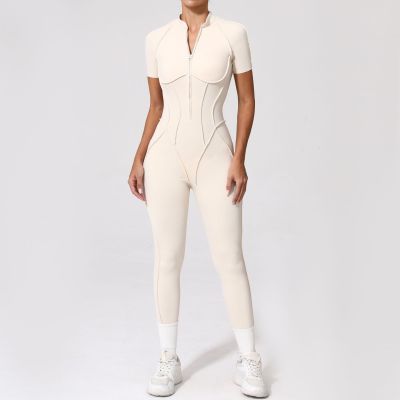 Custom yoga jumpsuit | Custom 3D zipper short sleeve factory sports private label custom fabric
