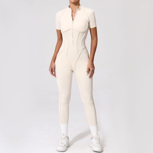 Custom yoga jumpsuit | Custom 3D zipper short sleeve factory sports private label custom fabric