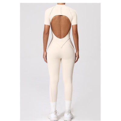 Custom yoga jumpsuit | Custom 3D zipper short sleeve factory sports private label custom fabric